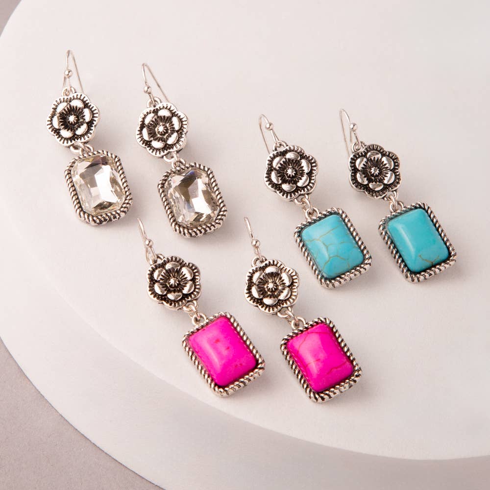 Western Floral Jeweled Post Dangle Earrings : Turquoise