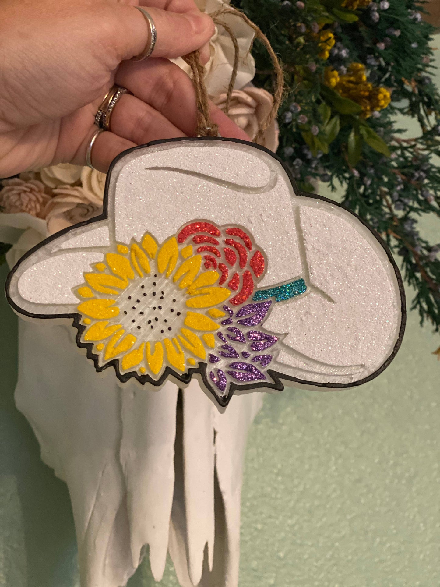 Floral Cowgirl Hat Glitter Freshie: Volcano Capri Blue