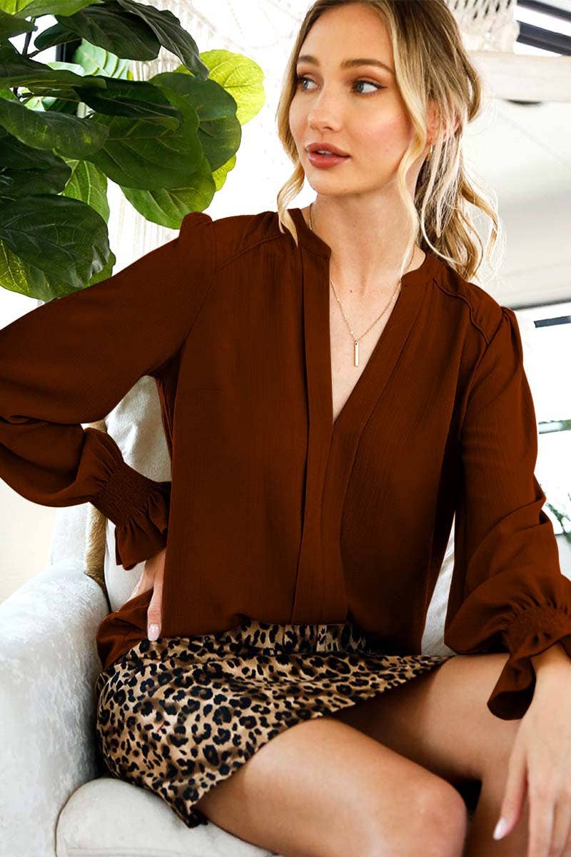 Black Henley Neck Balloon Sleeve On Smocked Blouse Top VL