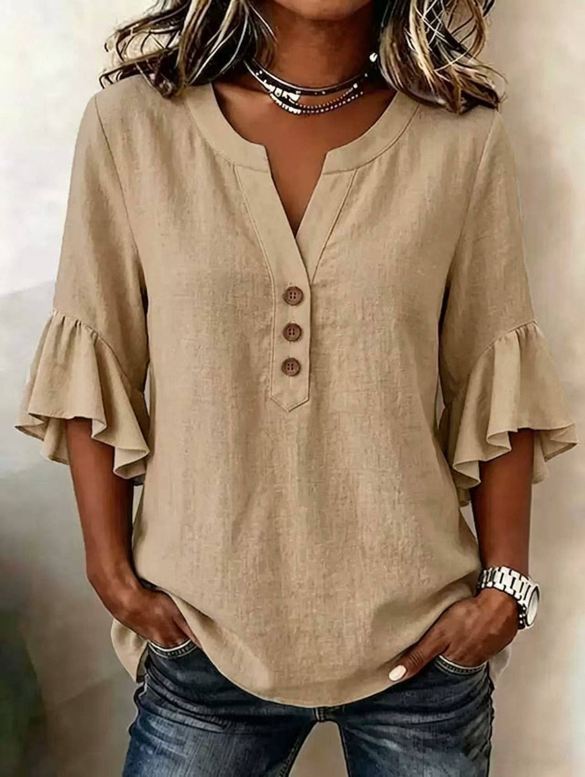Cotton Linen Blouse V Neck Ruffle Sleeve Women's Top: Khaki / 95%polyester+5%Elastane / M
