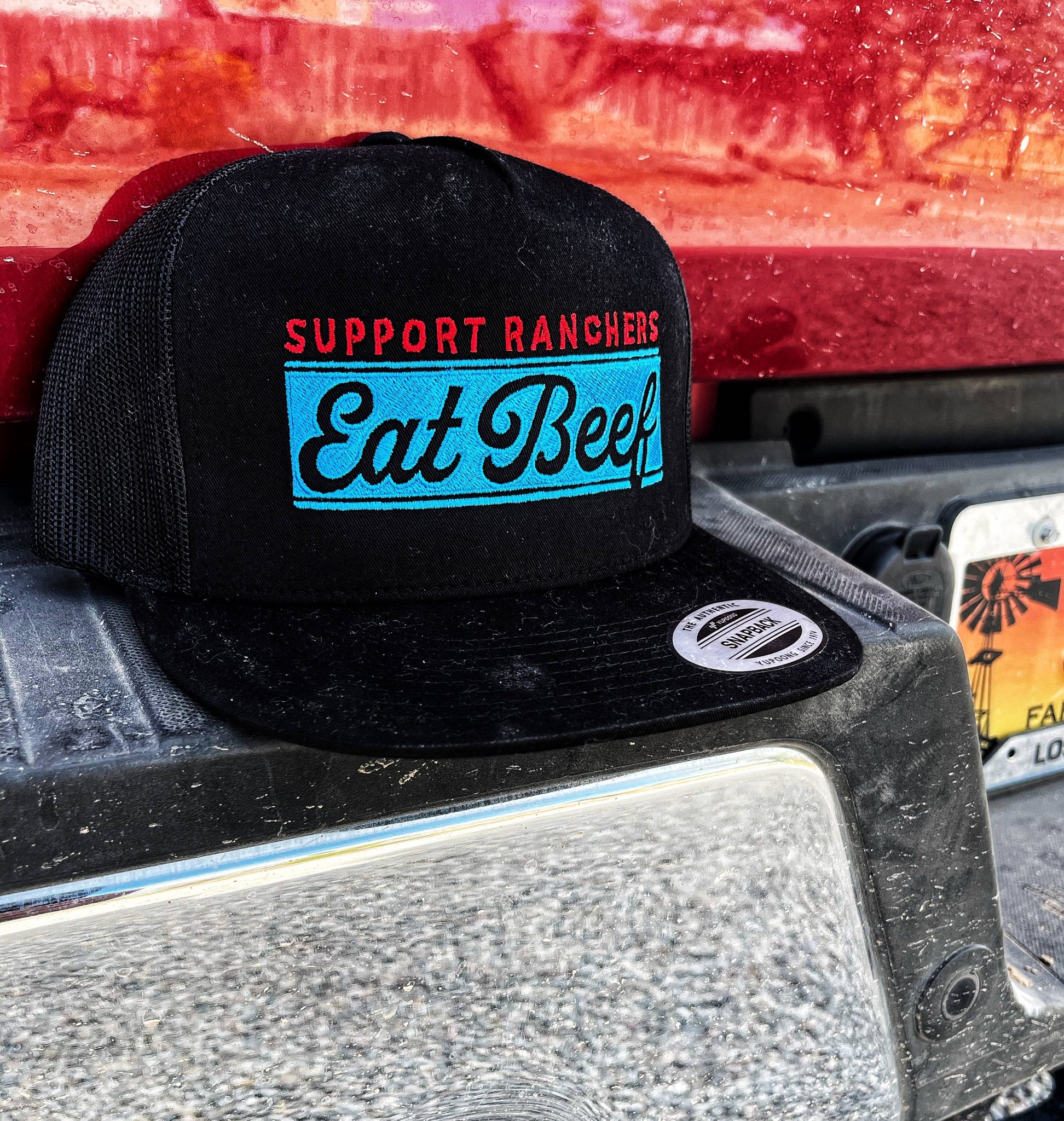 Support ranchers eat beef hat black Buckin Barn