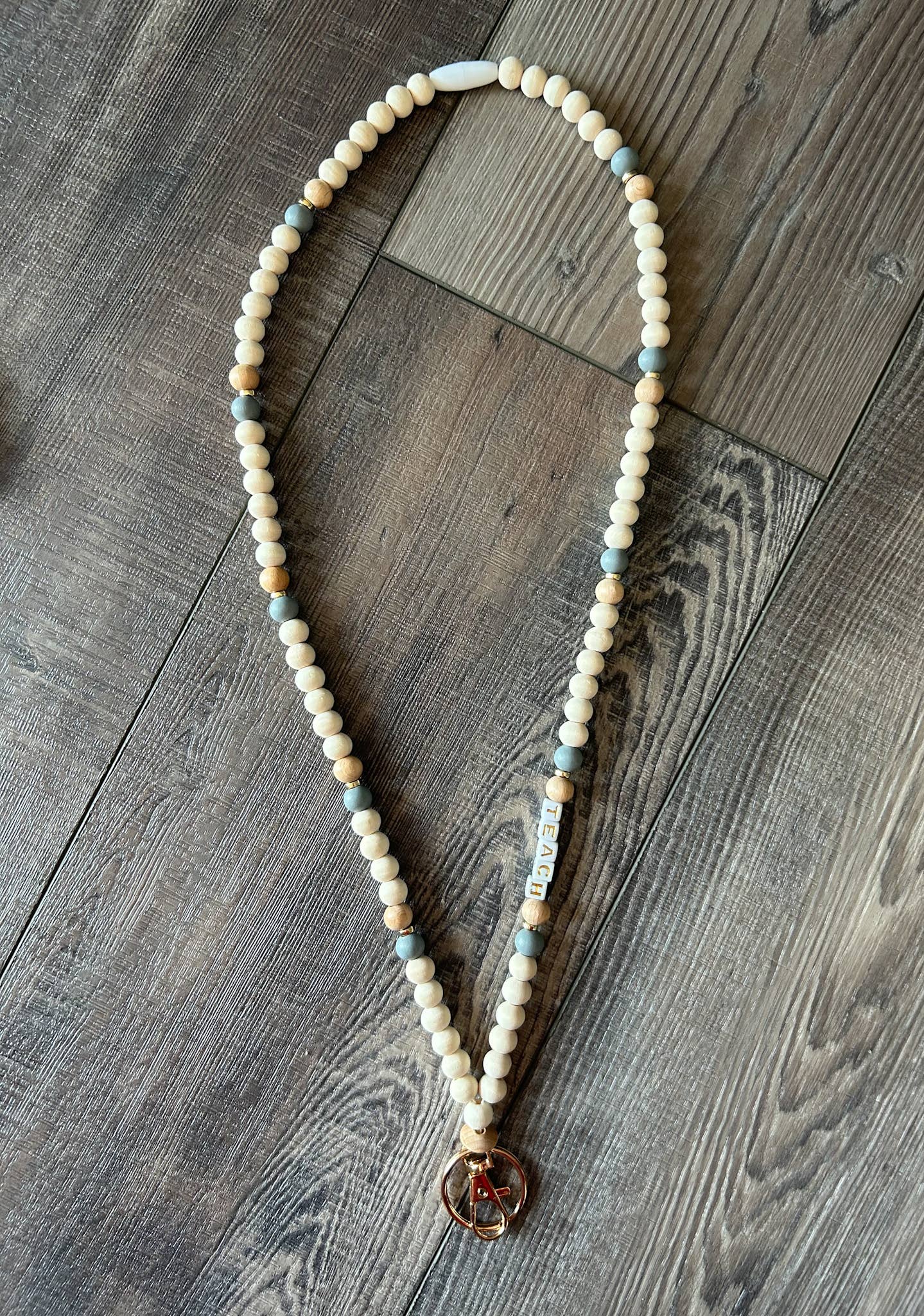 Teach Grey and Wood Beaded Lanyard with Breakaway Clasp JInk