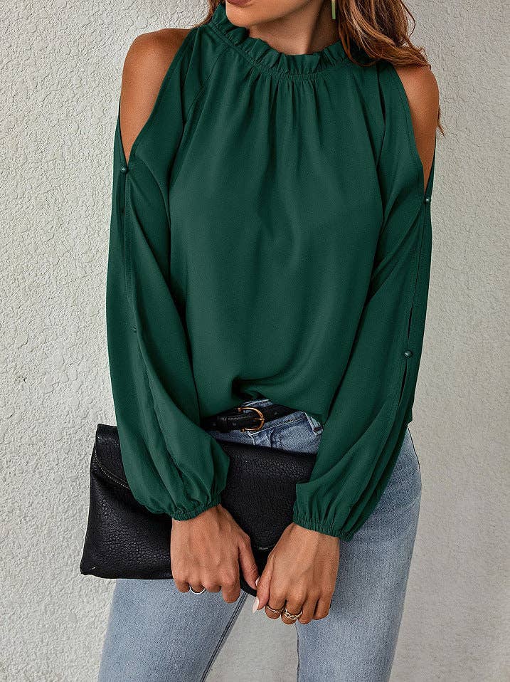 Ruffle Mock Neck Cold Shoulder Chiffon Blouse: Burgundy / 95%Polyester5%Spande / XL
