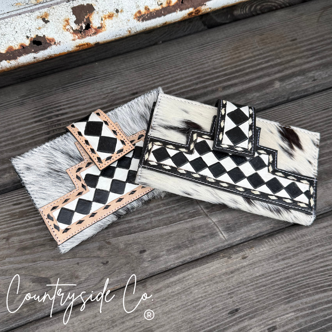 Miranda Checkered Cowhide Wallet: Brown Or Black Texas Western Cowhide