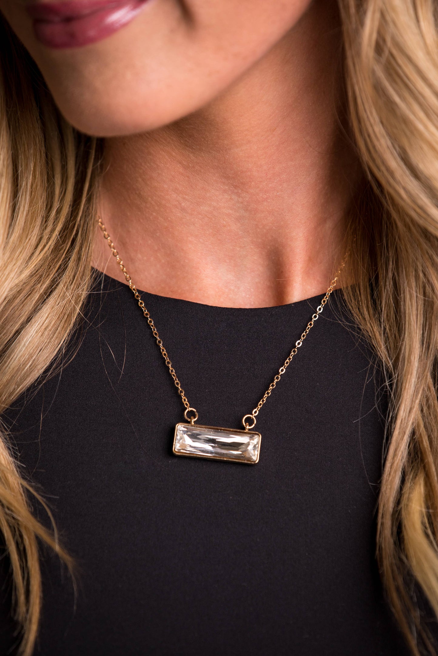 Dainty Gold Necklace with Rhinestone Bar west co