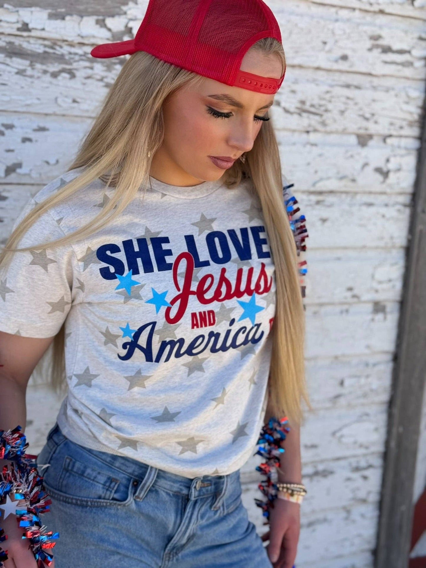She Loves Jesus & America Too Tee & Tank: White Fleck / Texas True