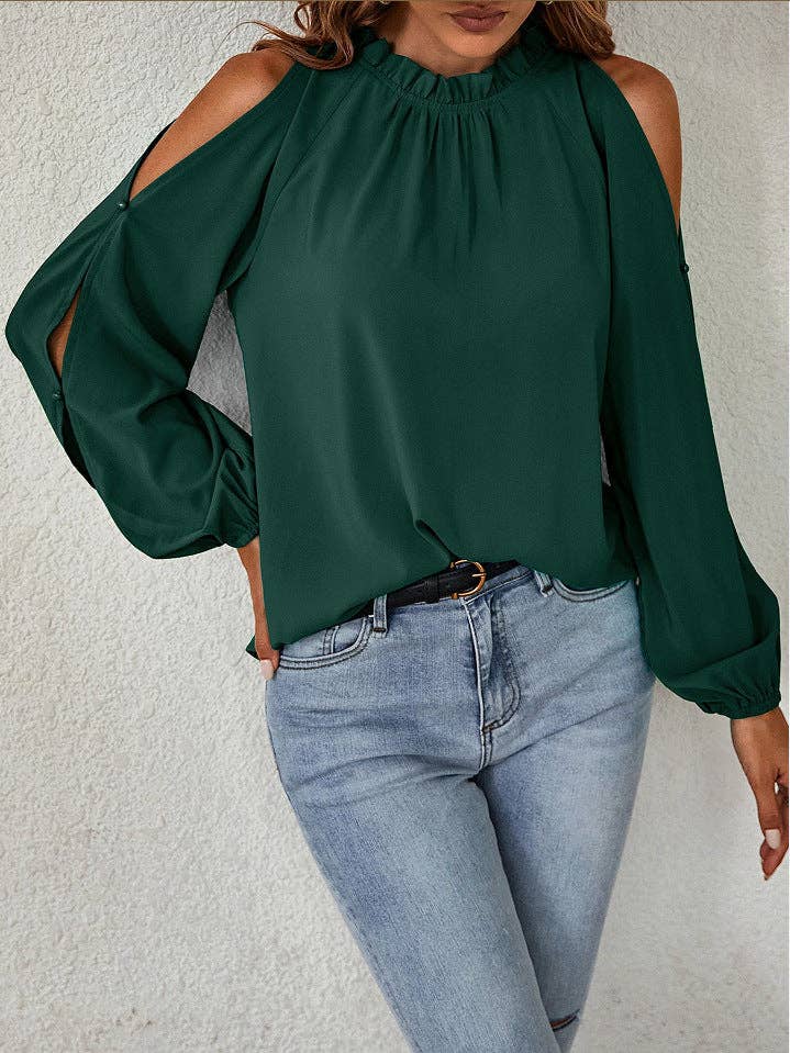 Ruffle Mock Neck Cold Shoulder Chiffon Blouse: Burgundy / 95%Polyester5%Spande / XL