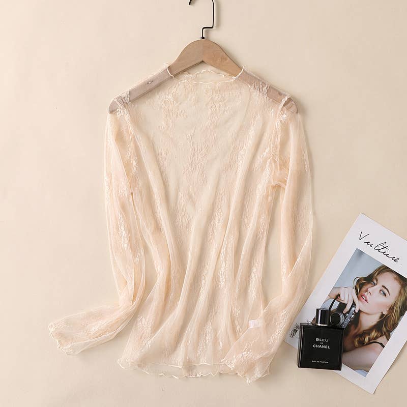 Semi Sheer Mesh Floral Lace Layering See Through Top: Cream/Off White Rosa