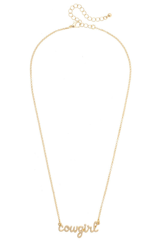 Cowgirl Cursive Necklace in Shiny Gold Canvas