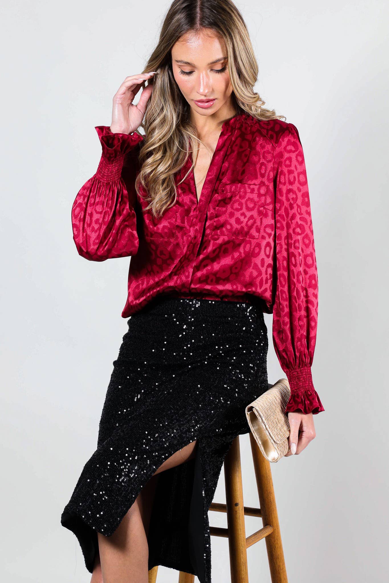 Black V-Neck Animal Jacquard Printed Satin Blouse VL