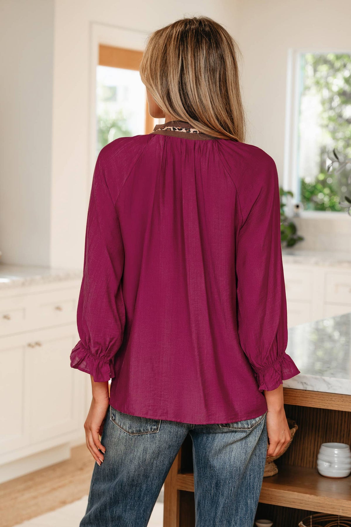 Leopard Trim Flounced  3/4 Sleeve V-Neck Blouse: Violet / M