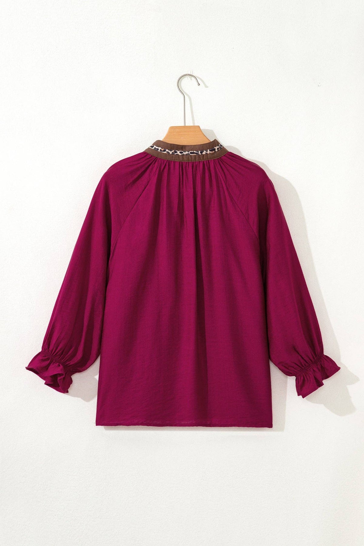 Leopard Trim Flounced  3/4 Sleeve V-Neck Blouse: Dirty blue / XL