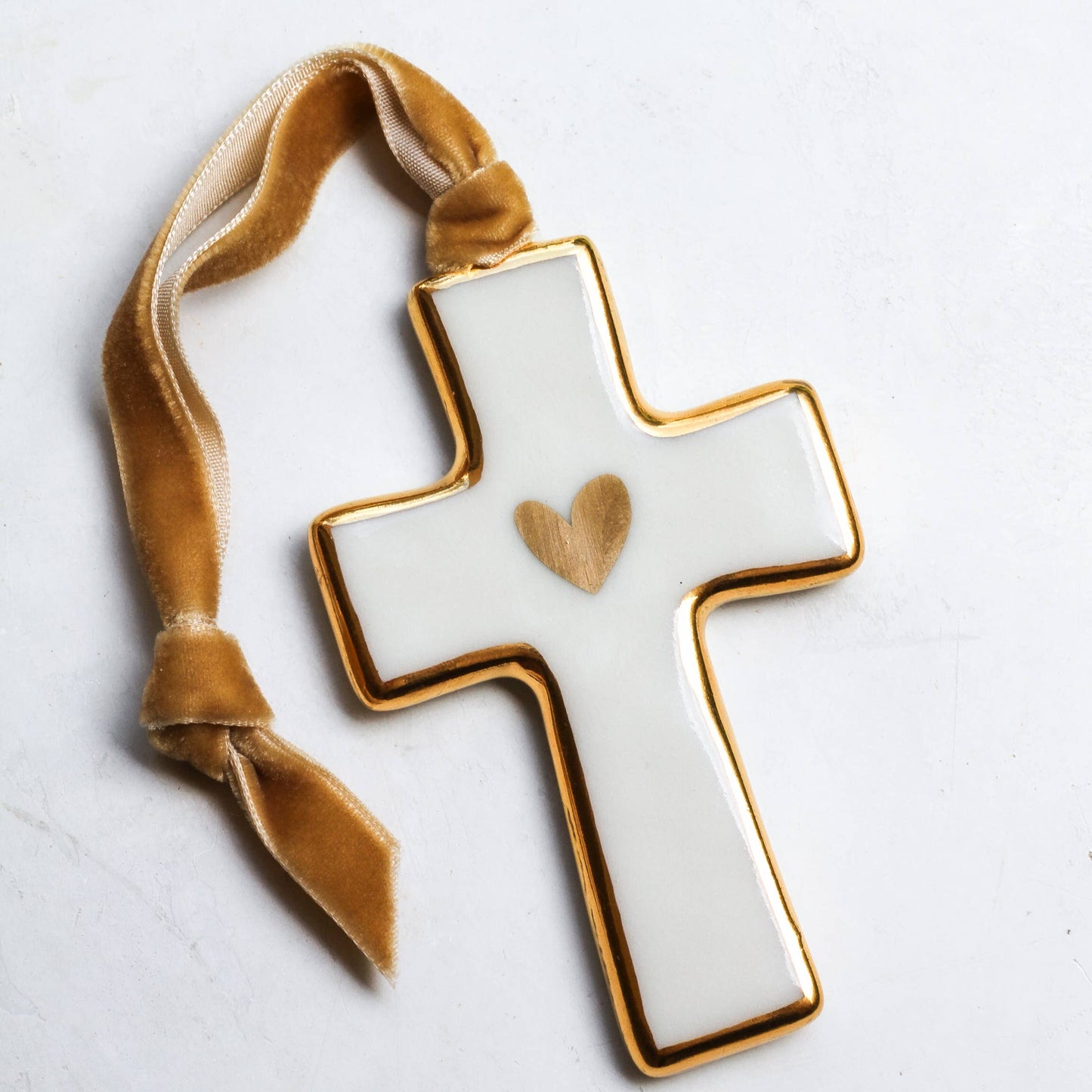 Cross Ornament with Gold Heart | Handmade: Gold