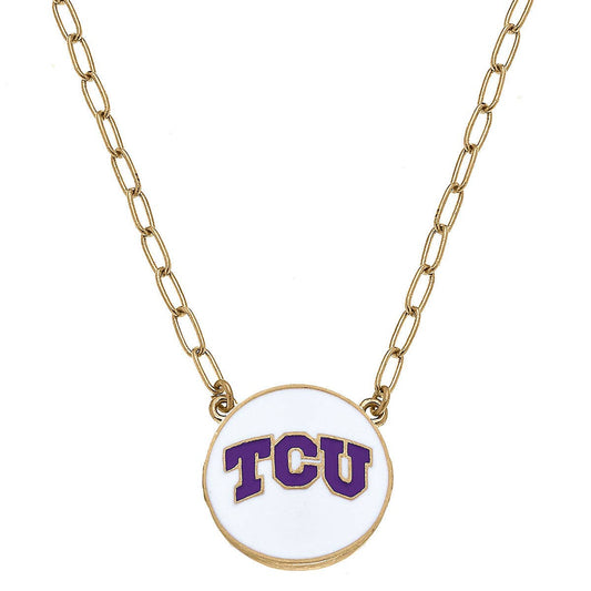 TCU Horned Frogs Enamel Disc Pendant Necklace in White Canvas