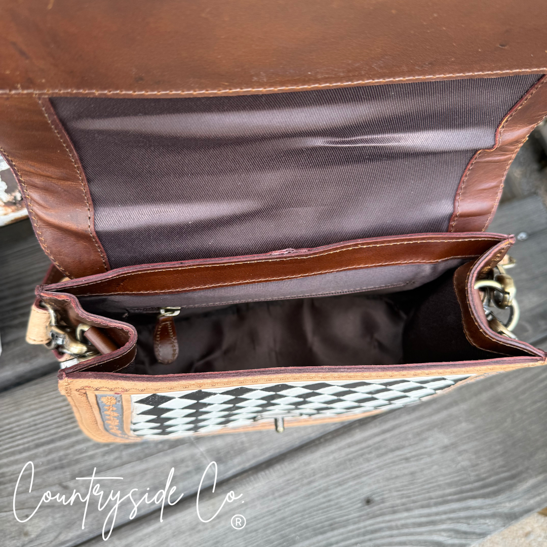 Zadie Tooled Leather Checkered Handbag, Hand Painted Texas Western