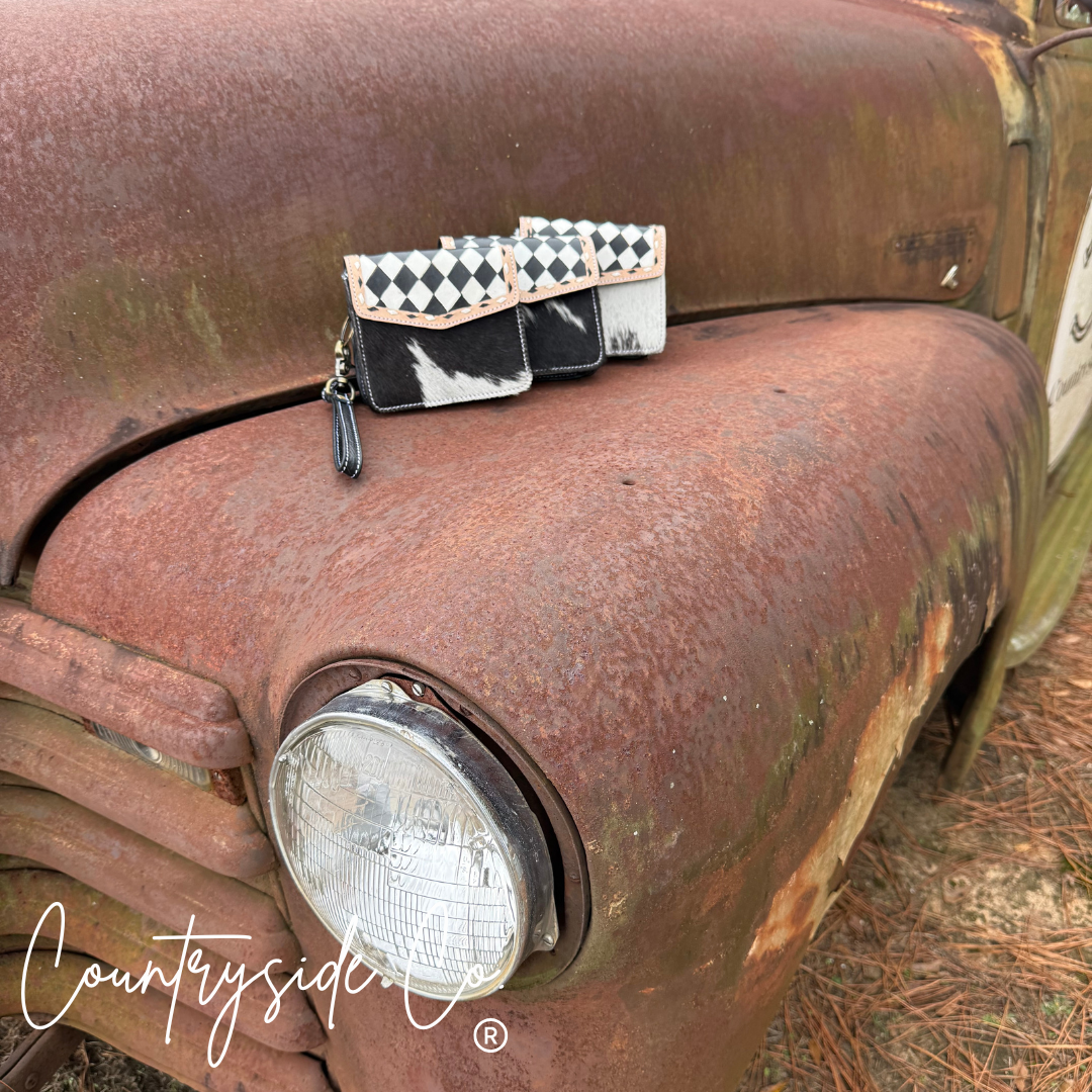 Cassy Checkered Leather Wallet Wristlet Texas Western Cowhide