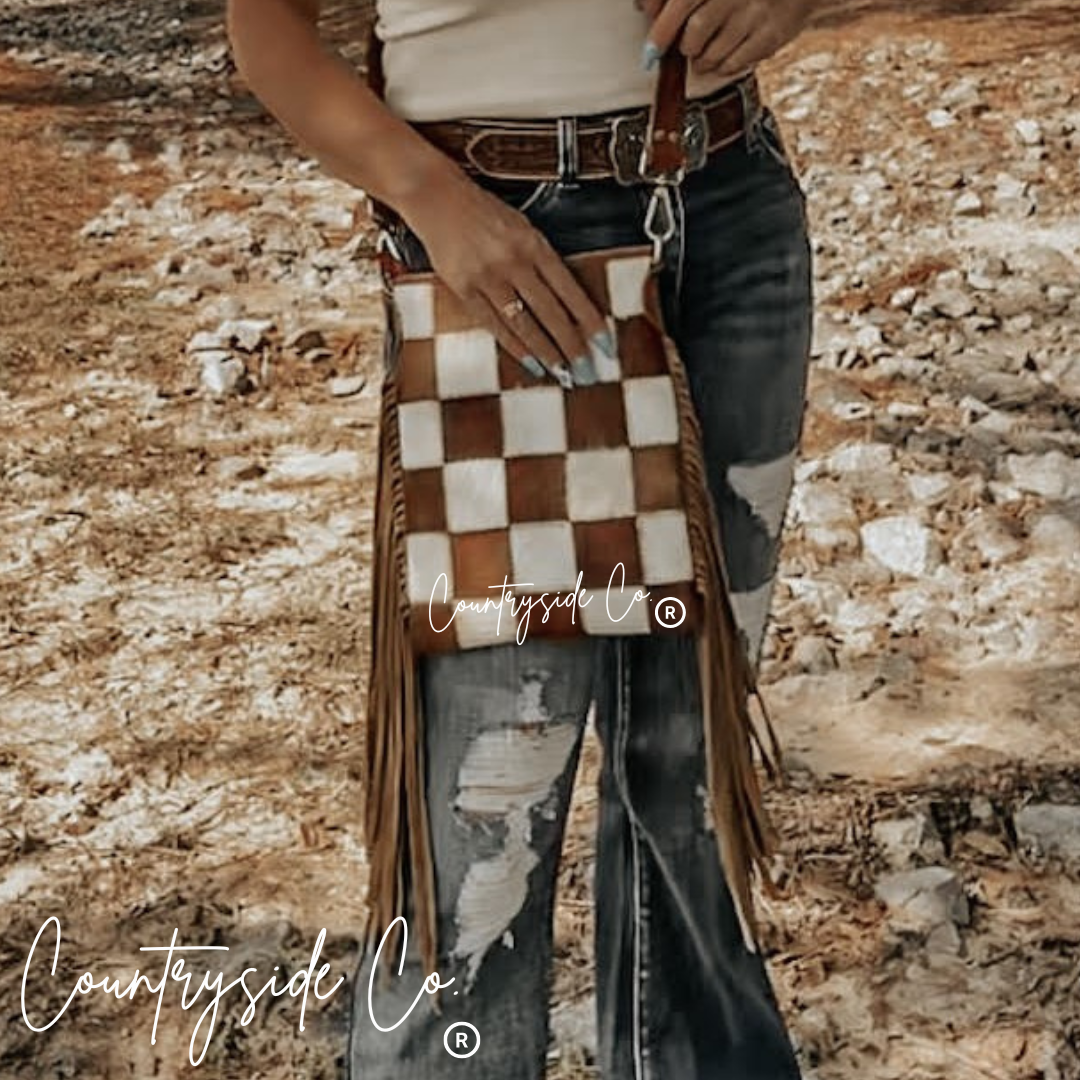 Stockdale Checkered Cowhide Fringe Purse, Brown & White Texas Western Cowhide
