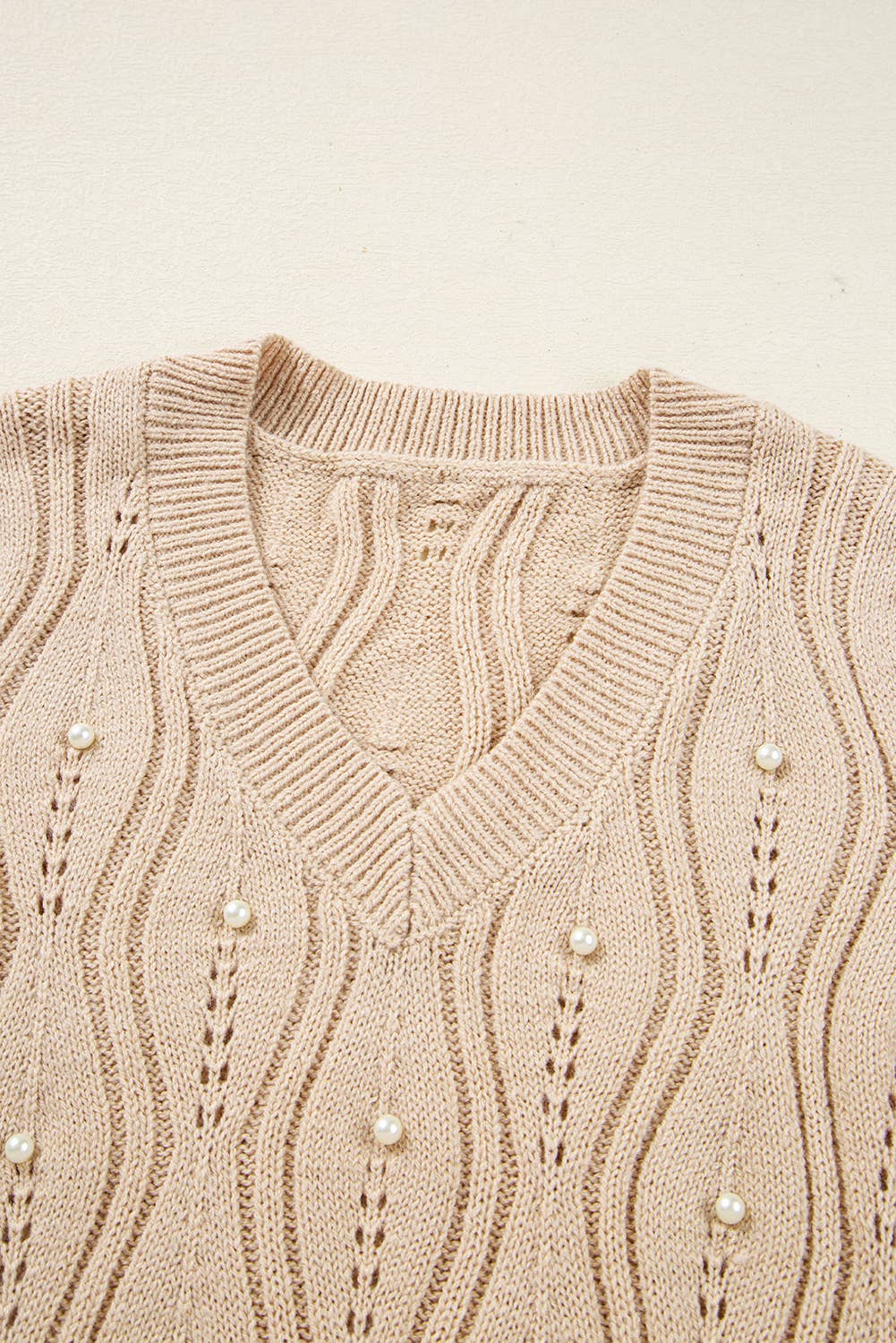 Pearl Beaded Pointelle V Neck Lace Sleeve Sweater (S-XL): Beige 66