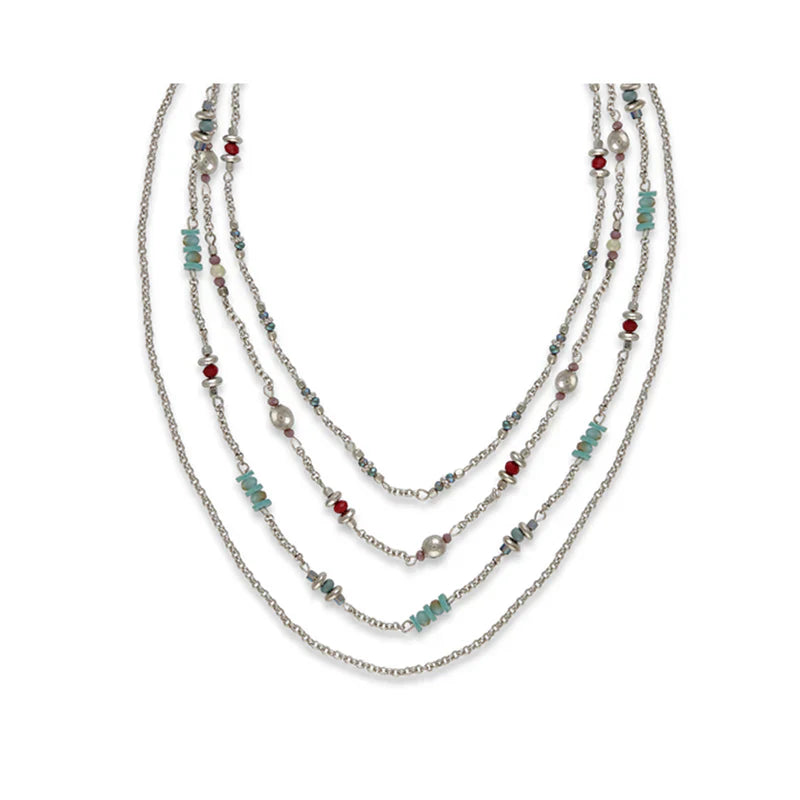 MK Journey Necklace Muti Layered Silver and Beaded Red and Turquoise Necklace Style 5950