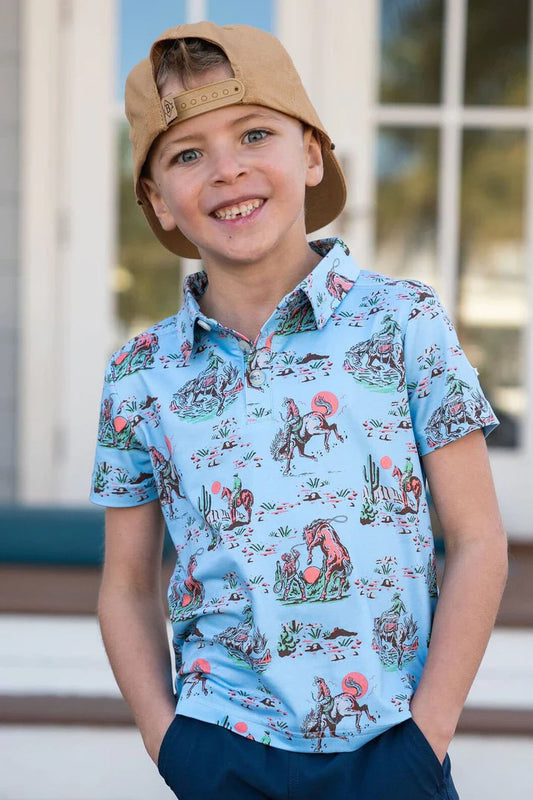 Cowboy Up Blue Youth Polo Burlebo