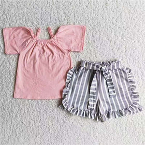 Pink shirt match stripe shorts girls summer outfits